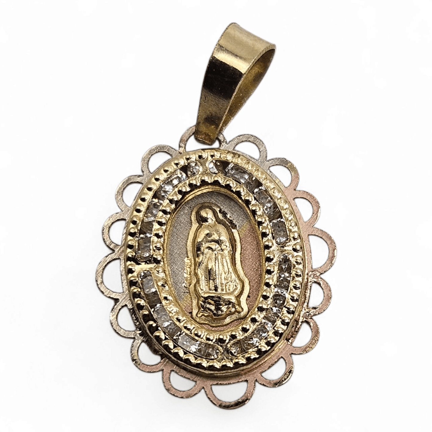 10K Virgen Maria Necklace Figaro Chain 24" L