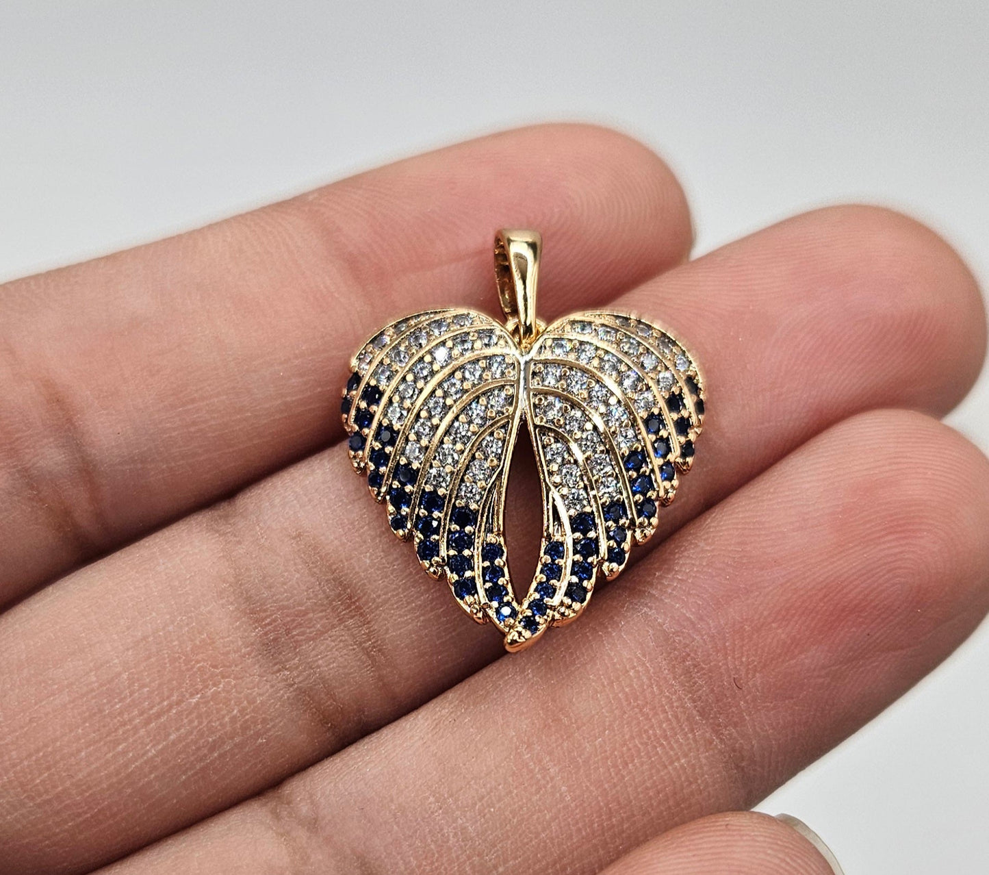 Angel Wings 18K Rose Gold Plated Pendant White and Blue CZ Stones