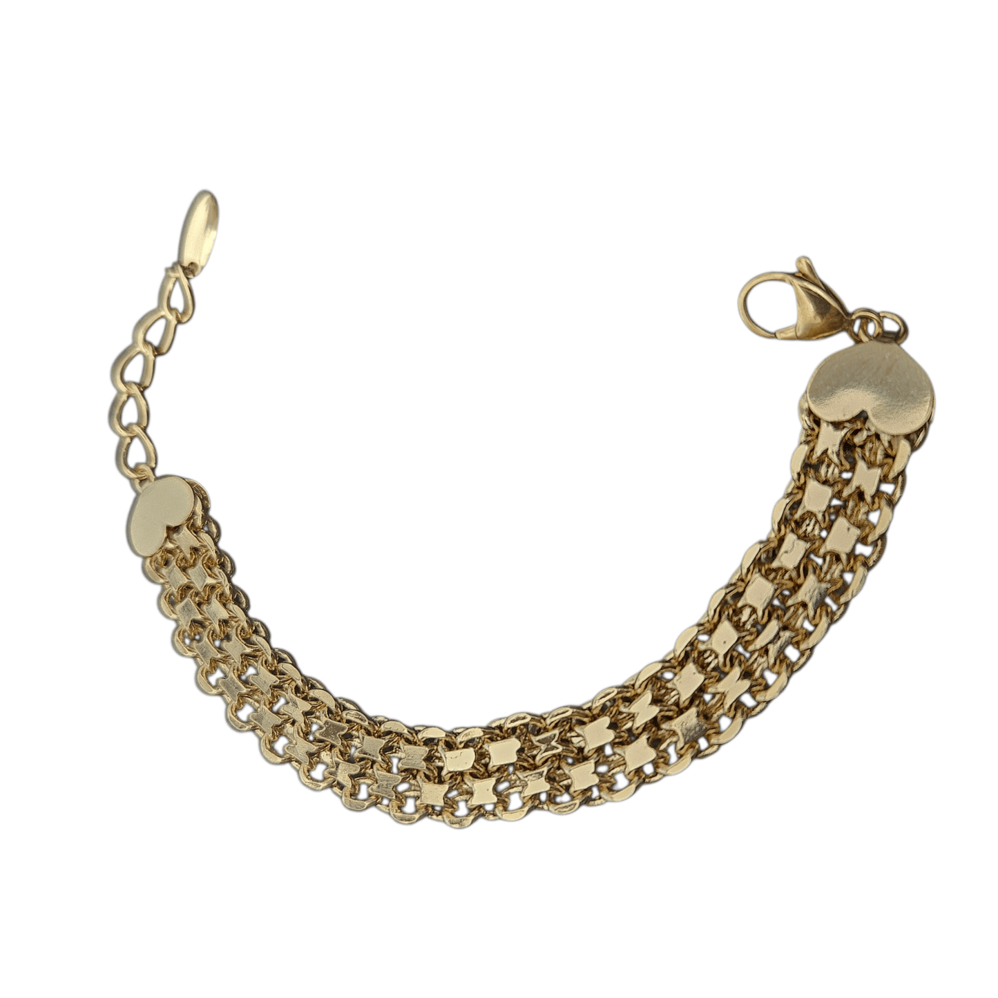 Bracelet Fancy Mesh and Link 14K Gold Plated with Heart Charms for Women 10mm Wide 7" Long Adjustable