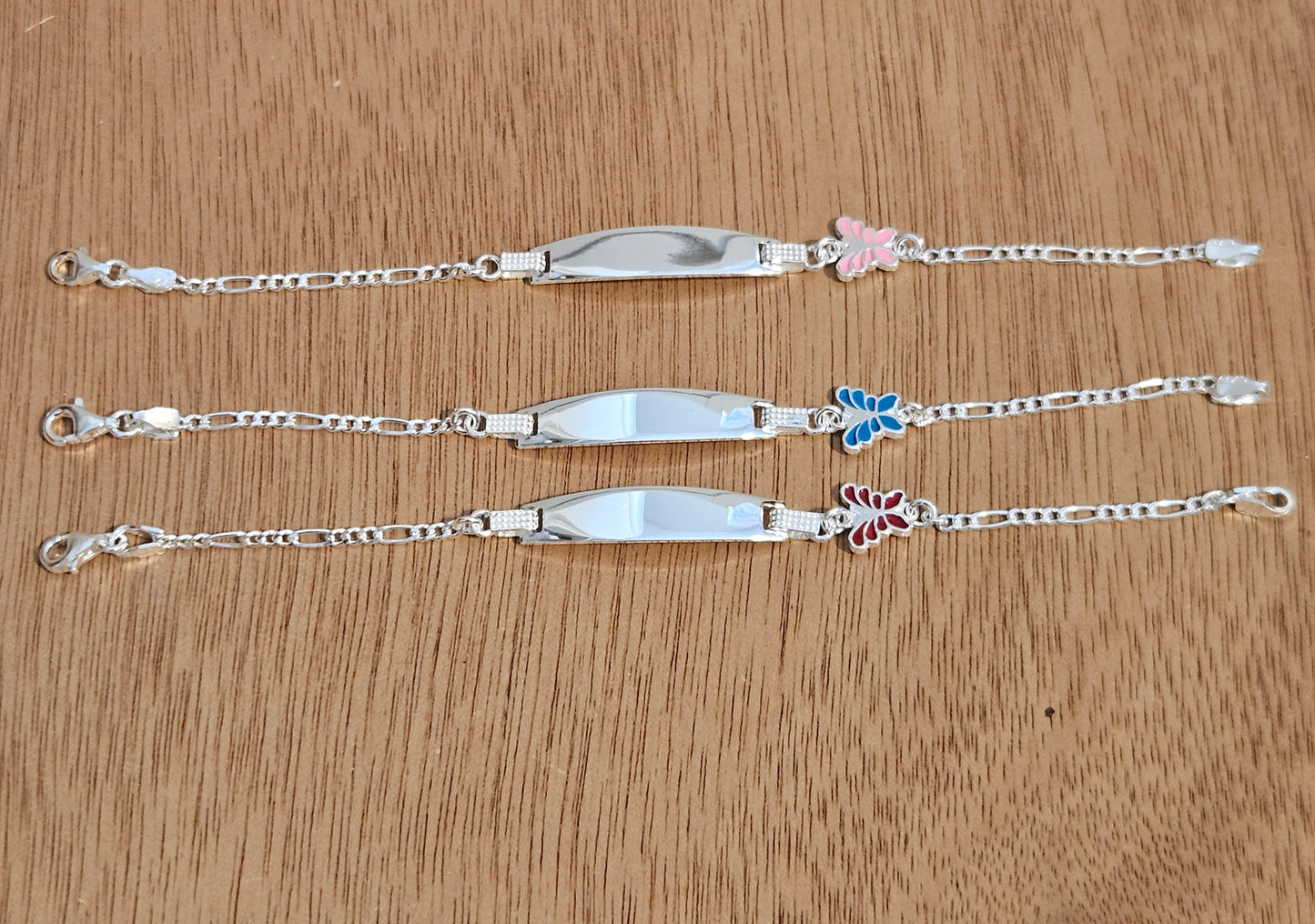 Butterfly Charm Kids ID Plate Silver Bracelet 6"L , Figaro Unisex - Great for Kids 5 to 10 years