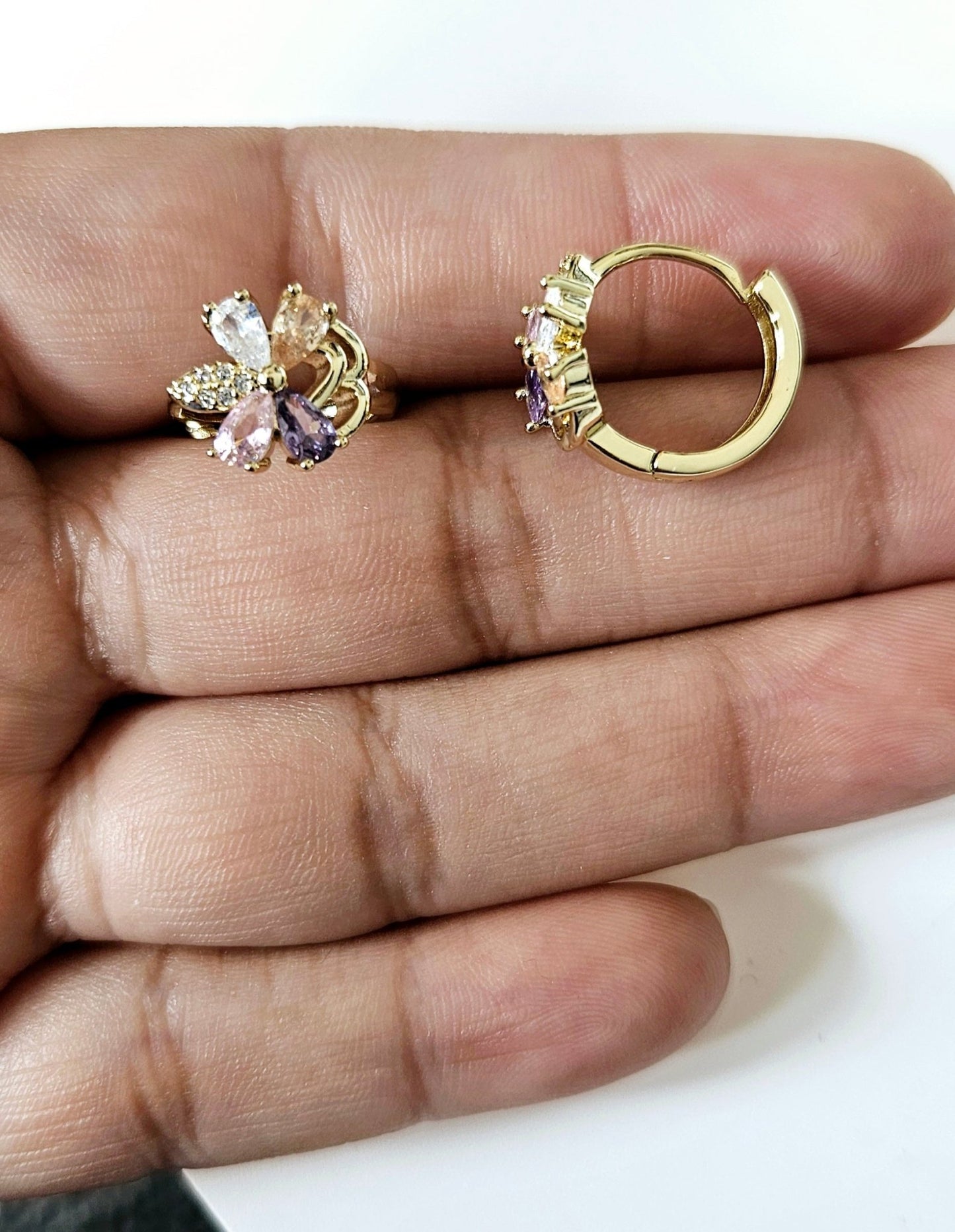 Butterfly Multicolor Cubic Zirconia in 14k Gold Plated 15mm Hoop Earrings