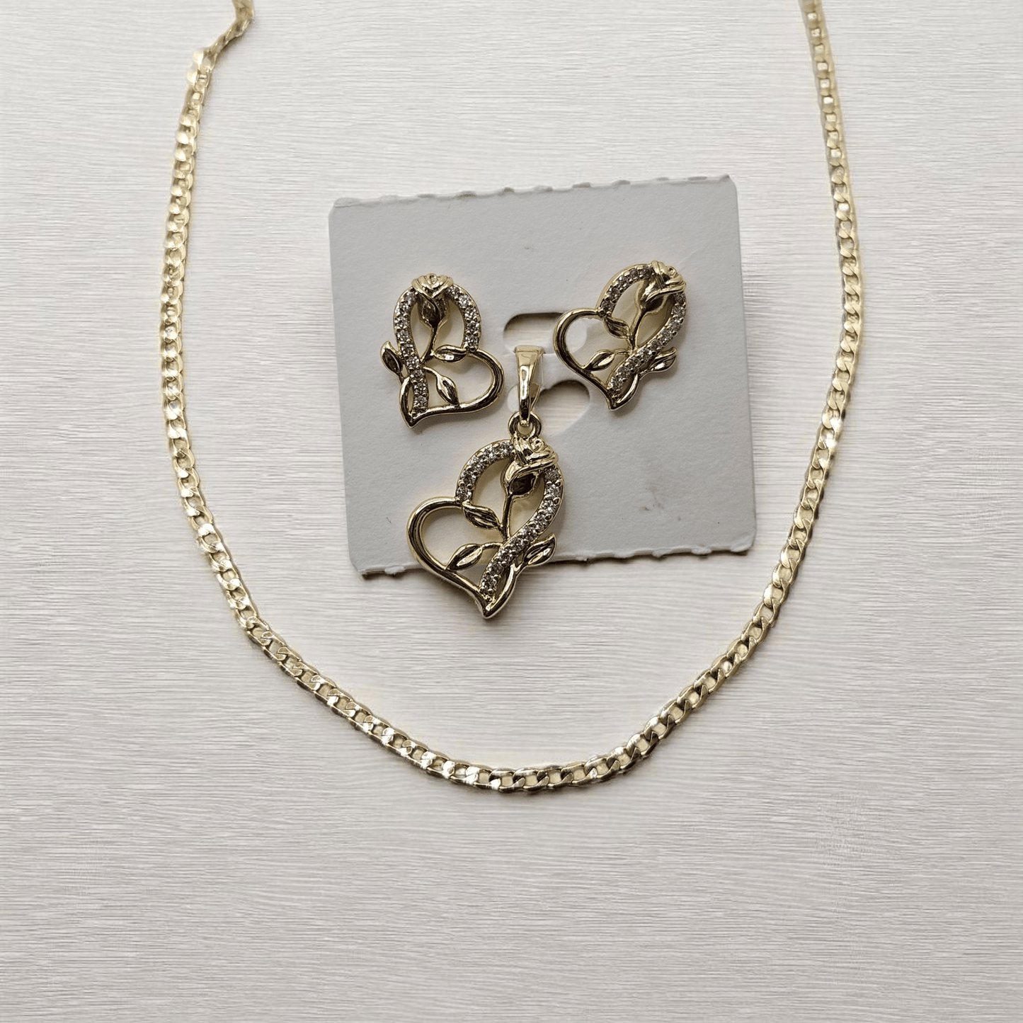 Heart and Rose 14k Gold Plated Earrings and Pendant Set