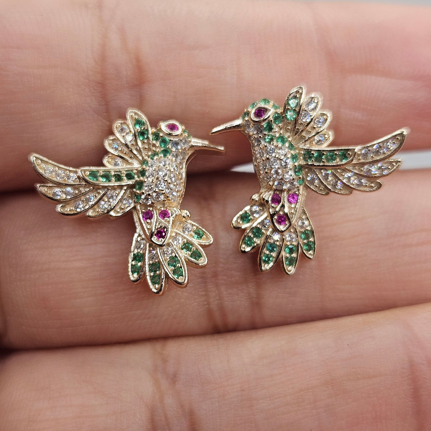 Hummingbird Stud Earrings 14K Gold Plated over Silver 925 Colorful Cubic Zirconia for Women