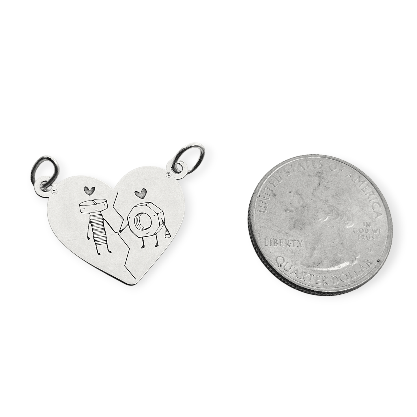 Nut and Bolt Silver Breakable Heart 2 Piece Couple's Pendant