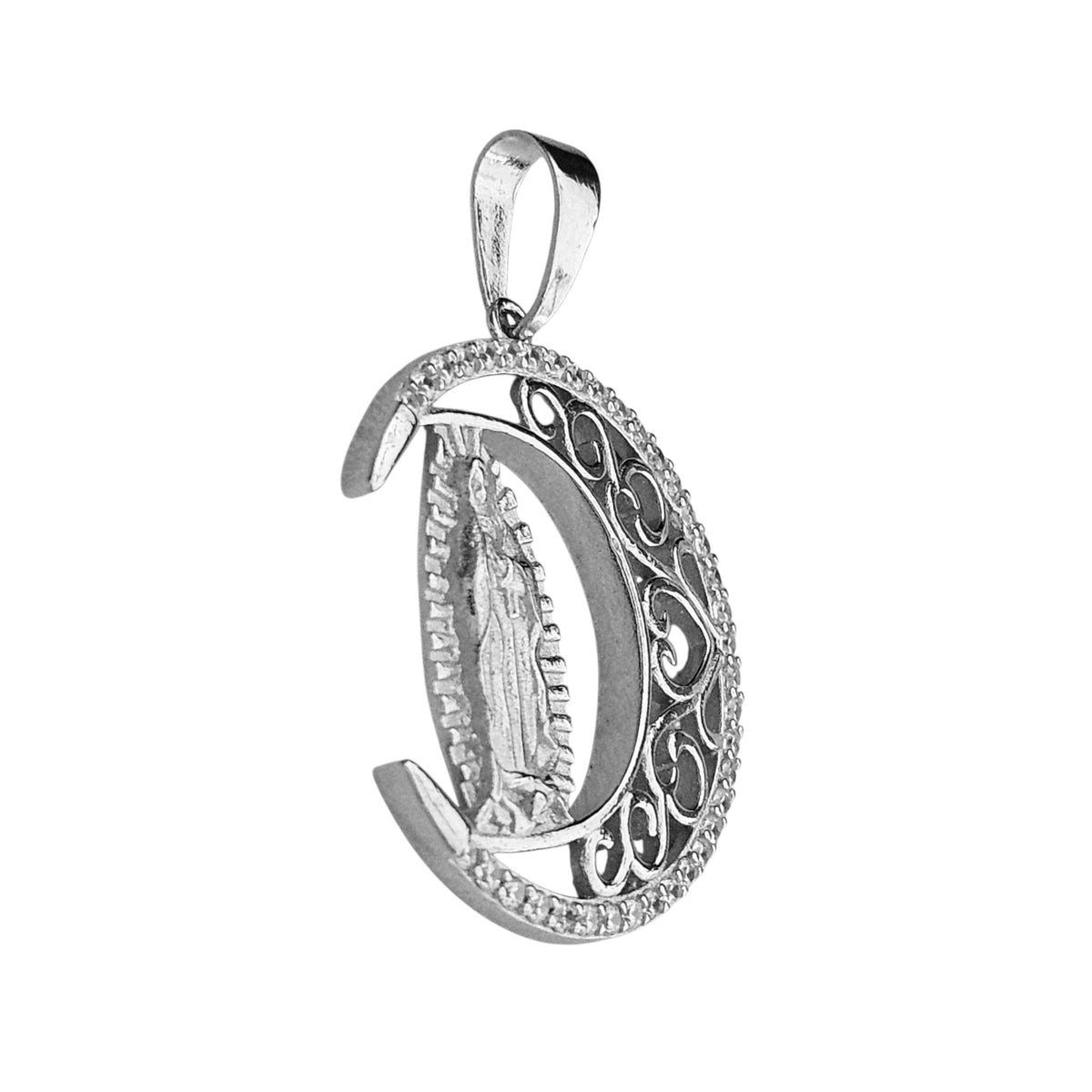 Crescent Moon with Virgin Mary Pendant Silver or Silver with 14K Gold Plating