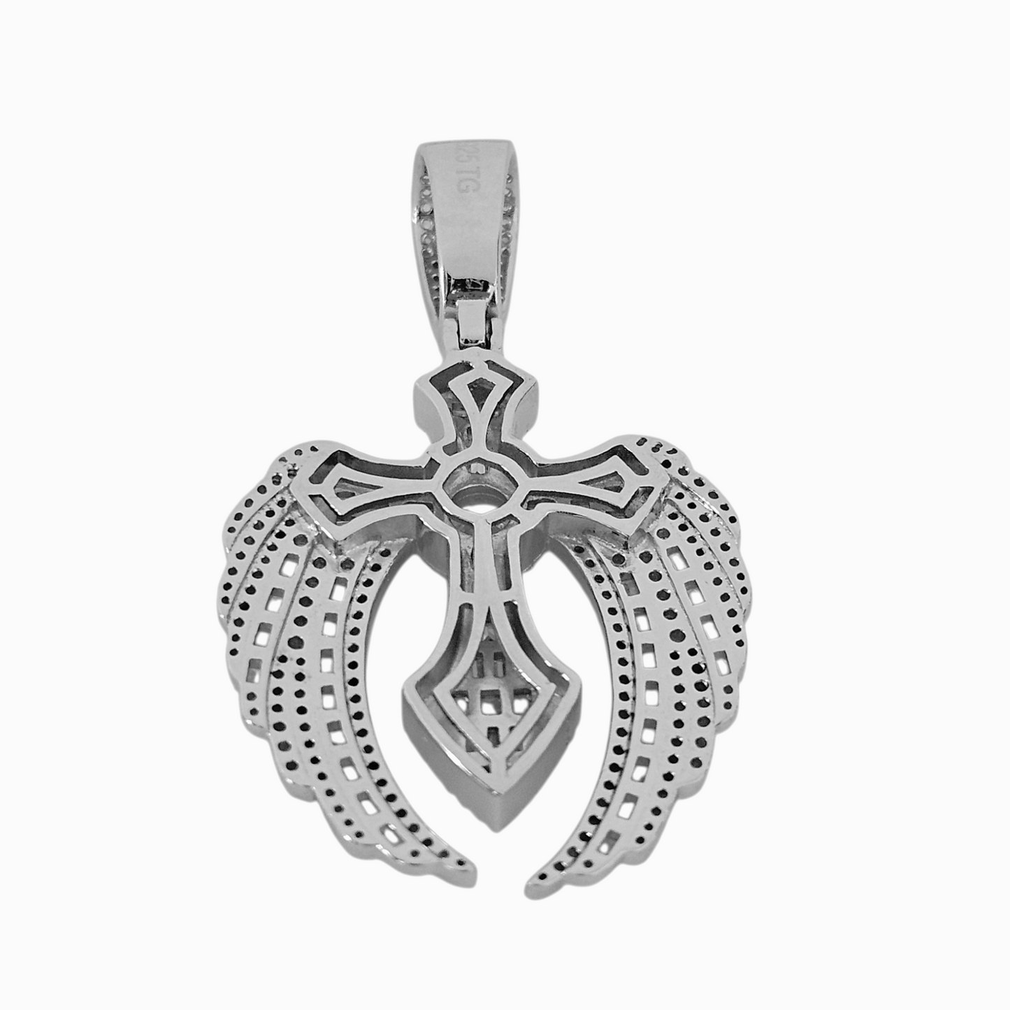 Cross with Angel Wings Pendant Silver S925 with White Cubic Zirconia Stones Large Fancy Bail