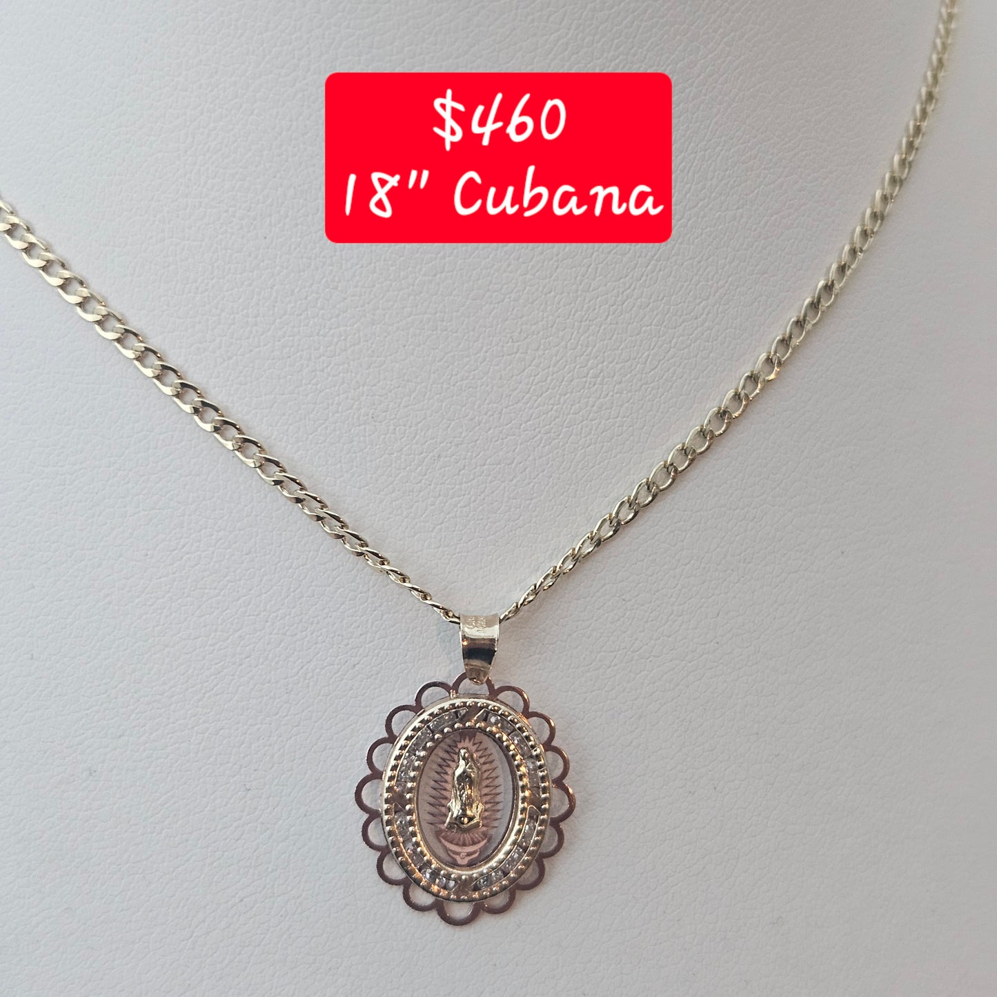 14K Virgen Maria Necklace 18" L Cuban Chain