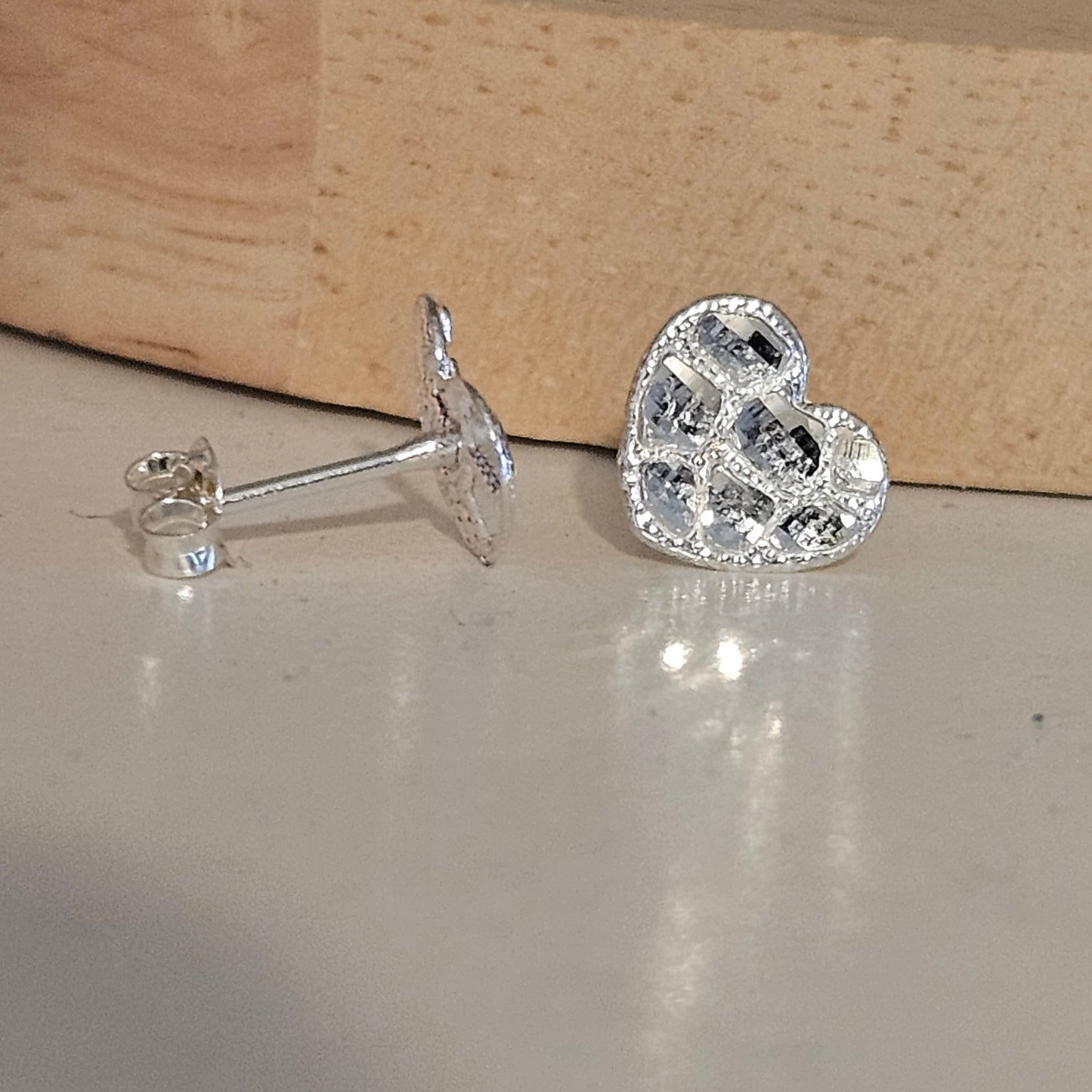 Flat Heart Nugget Stud Earrings Silver 925