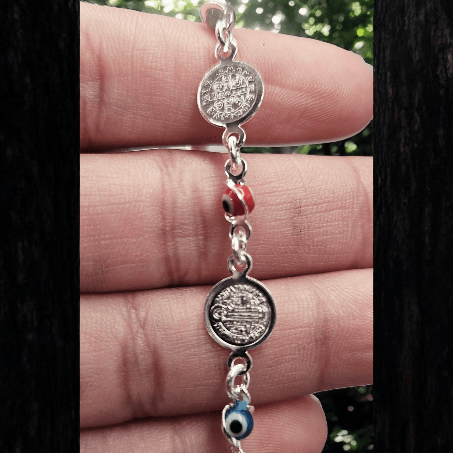 San Benedict and Multicolor Evil Eye Bracelet Sterling Silver S925 7"L