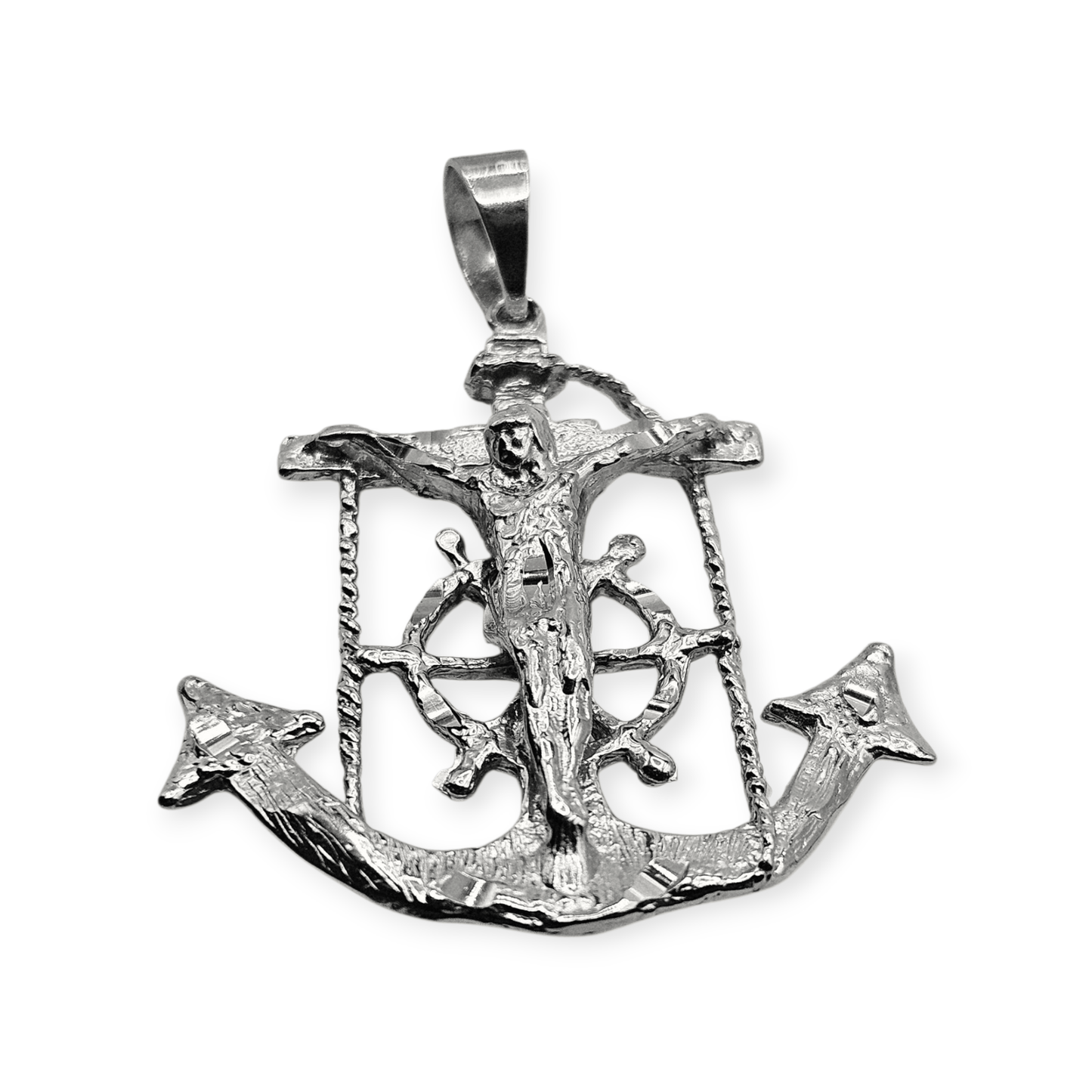 Silver Anchor Crucifix Large Pendant Diamond Cut