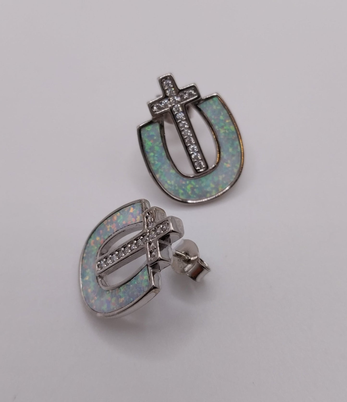 Silver Cross with blue opal stone and CZ Stud Earrings