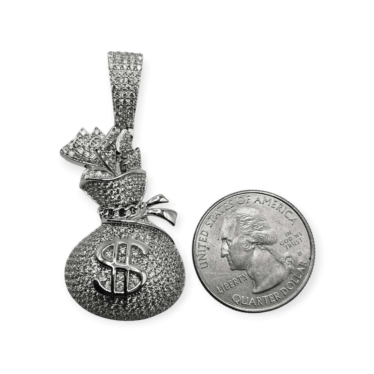 Silver Money Bag Pendant 3D Design 925 Silver with Large Bail for Big Chains