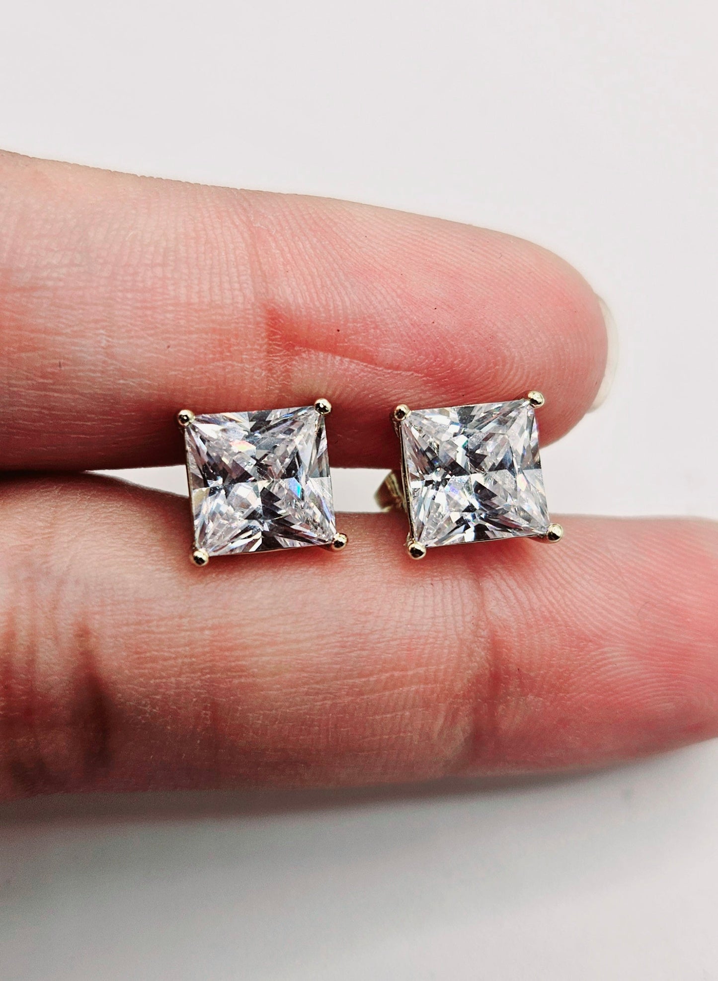 Square Cubic Zirconia 14k Gold Plated Stud Earrings Multiple Colors 8mm