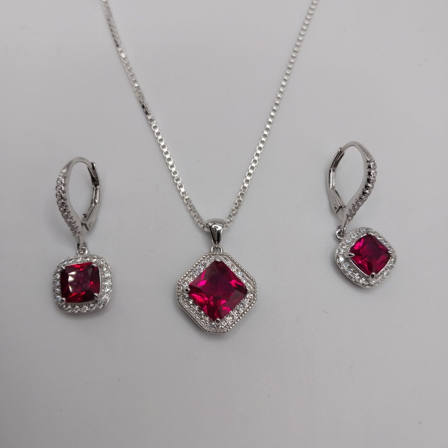 Princess Style Earrings and Necklace Set with CZ Stones and Box Style Chain