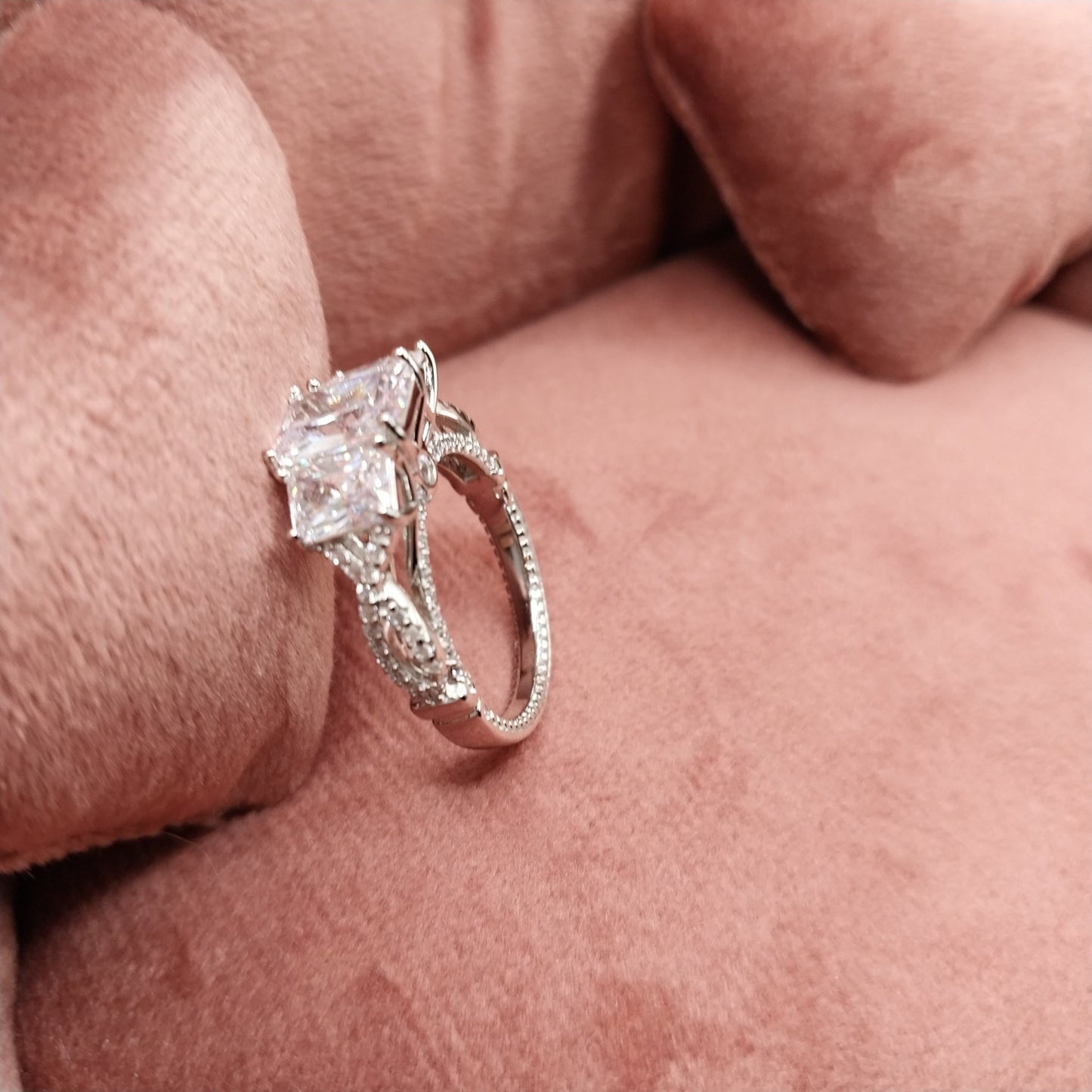 Three - stone Square/Princess Cubic Zirconia Engagement Ring 925 Silver