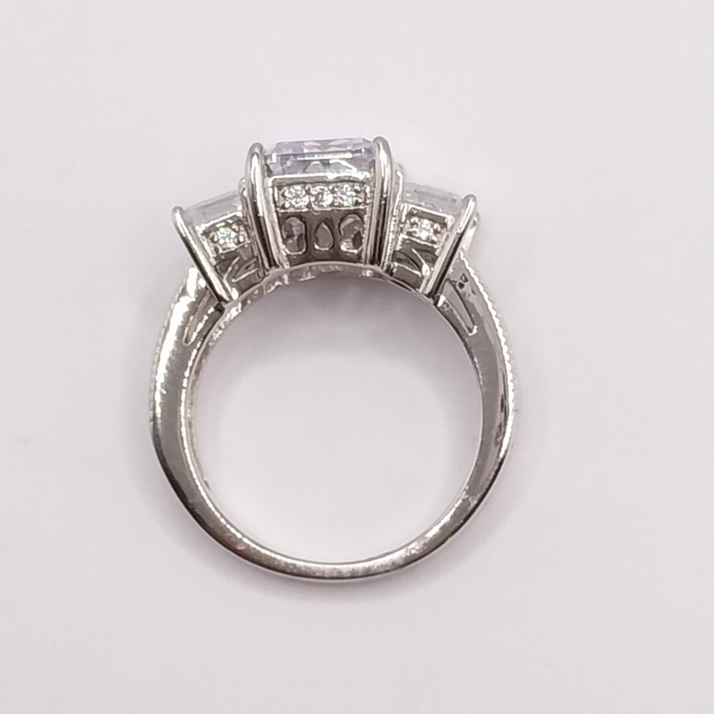 Three - Stone White Emerad Cut Cubic Zirconia Stones Ring 925 Silver