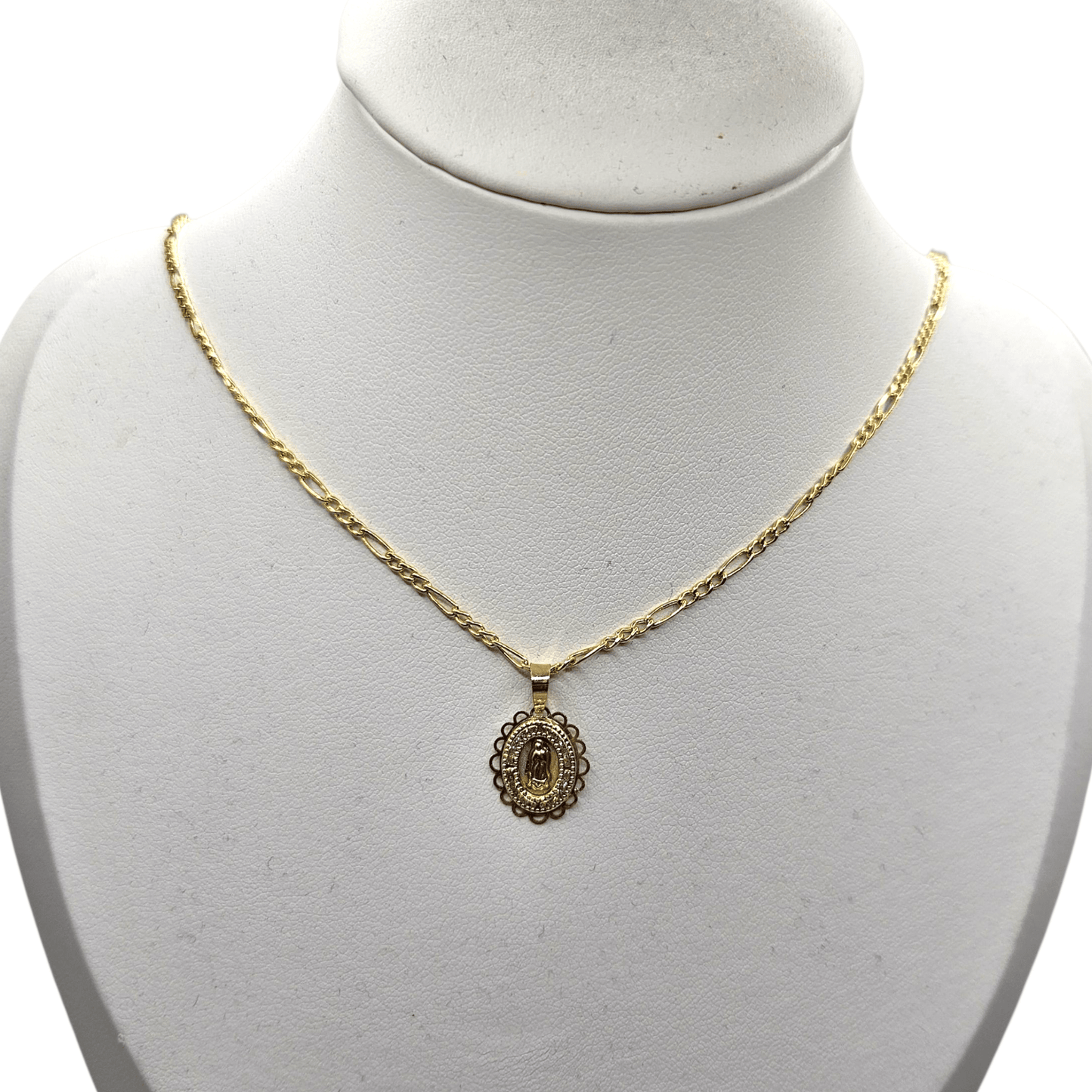 10K Virgen Maria Necklace Figaro Chain 24" L