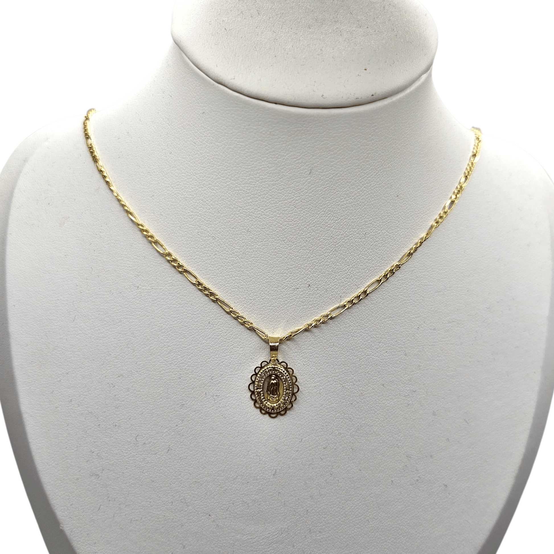 10K Virgen Maria Necklace Figaro Chain 24" L