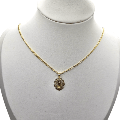 10K Virgen Maria Necklace Figaro Chain 24" L