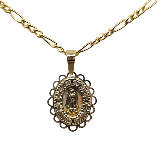 10K Virgen Maria Necklace Figaro Chain 24" L