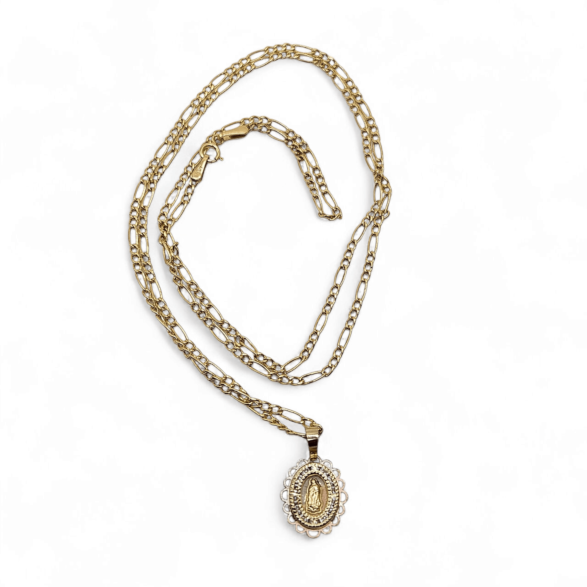 10K Virgen Maria Necklace Figaro Chain 24" L