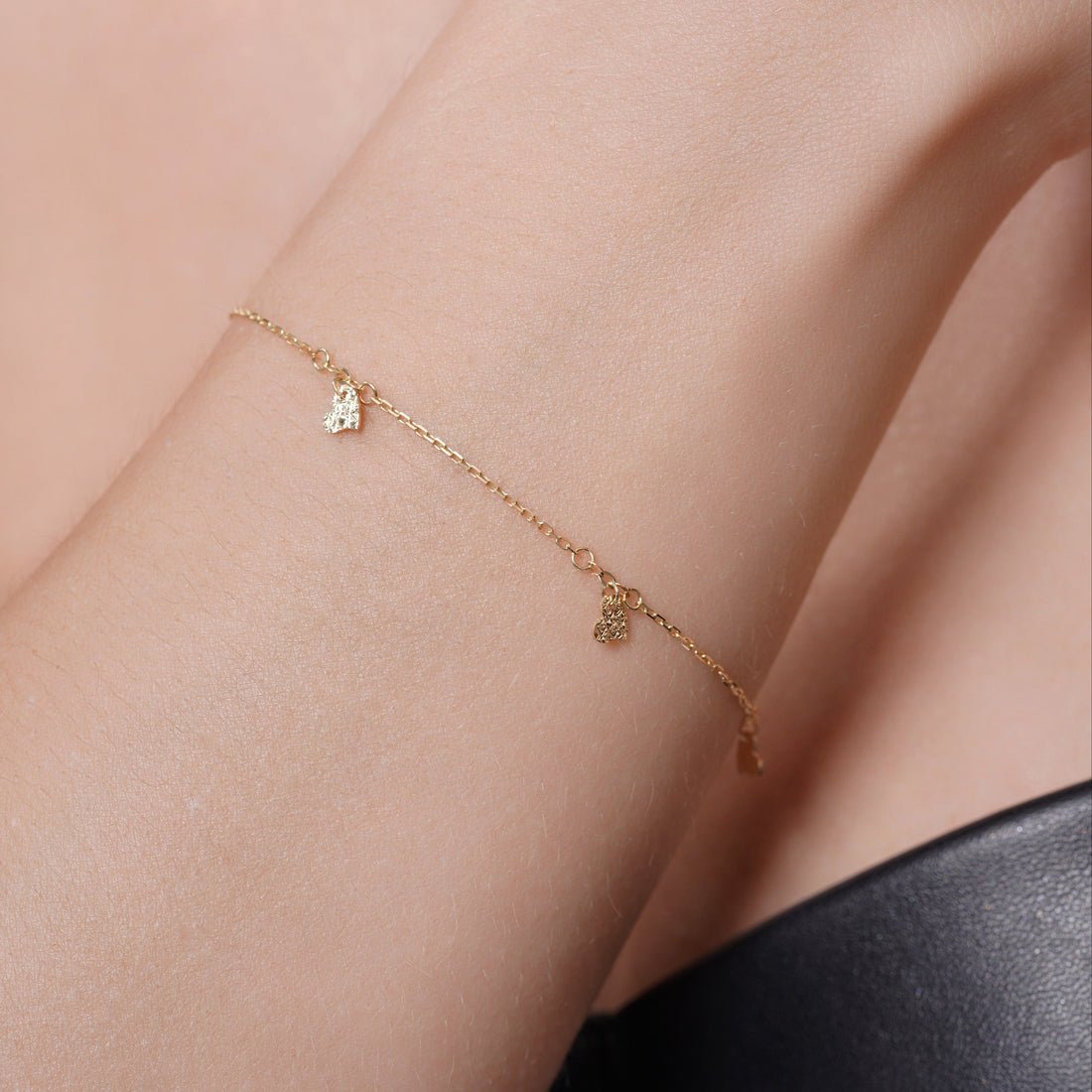 14K Gold Bracelet Dainty Diamond Cut Heart Charms 4mm Adjustable Bracelet