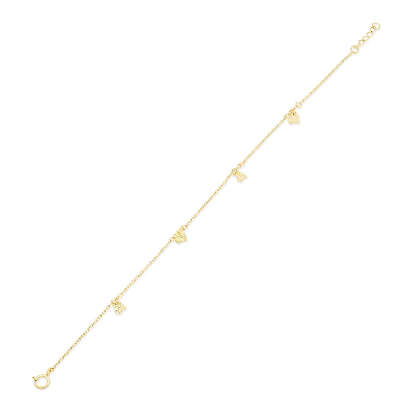 14K Gold Bracelet Dainty Diamond Cut Heart Charms 4mm Adjustable Bracelet