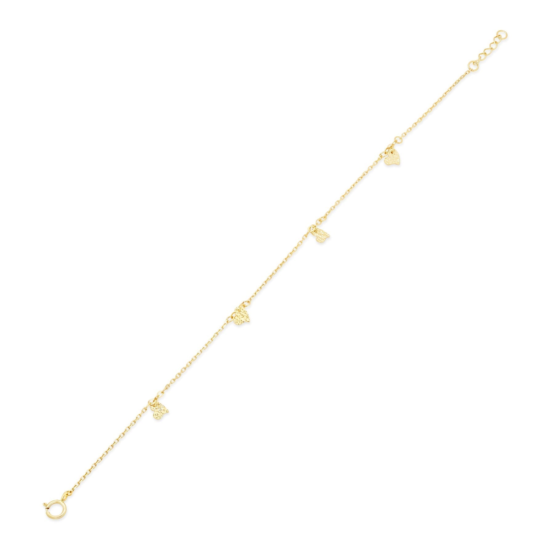 14K Gold Bracelet Dainty Diamond Cut Heart Charms 4mm Adjustable Bracelet