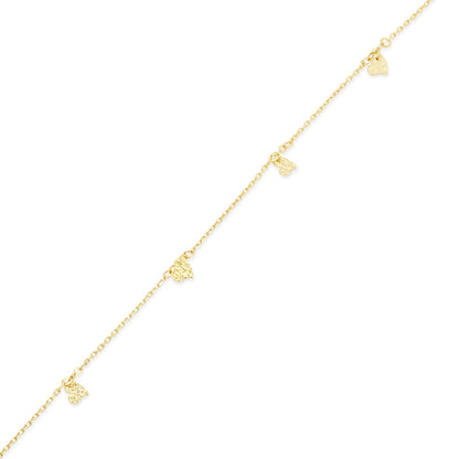 14K Gold Bracelet Dainty Diamond Cut Heart Charms 4mm Adjustable Bracelet