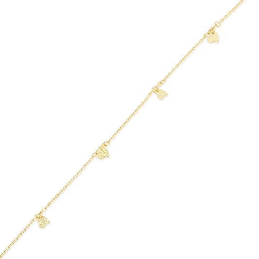 14K Gold Bracelet Dainty Diamond Cut Heart Charms 4mm Adjustable Bracelet