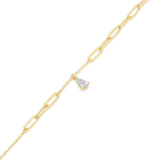 14K Gold Teardrop Bracelet CZ Charm Paperclip Adjustable Bracelet