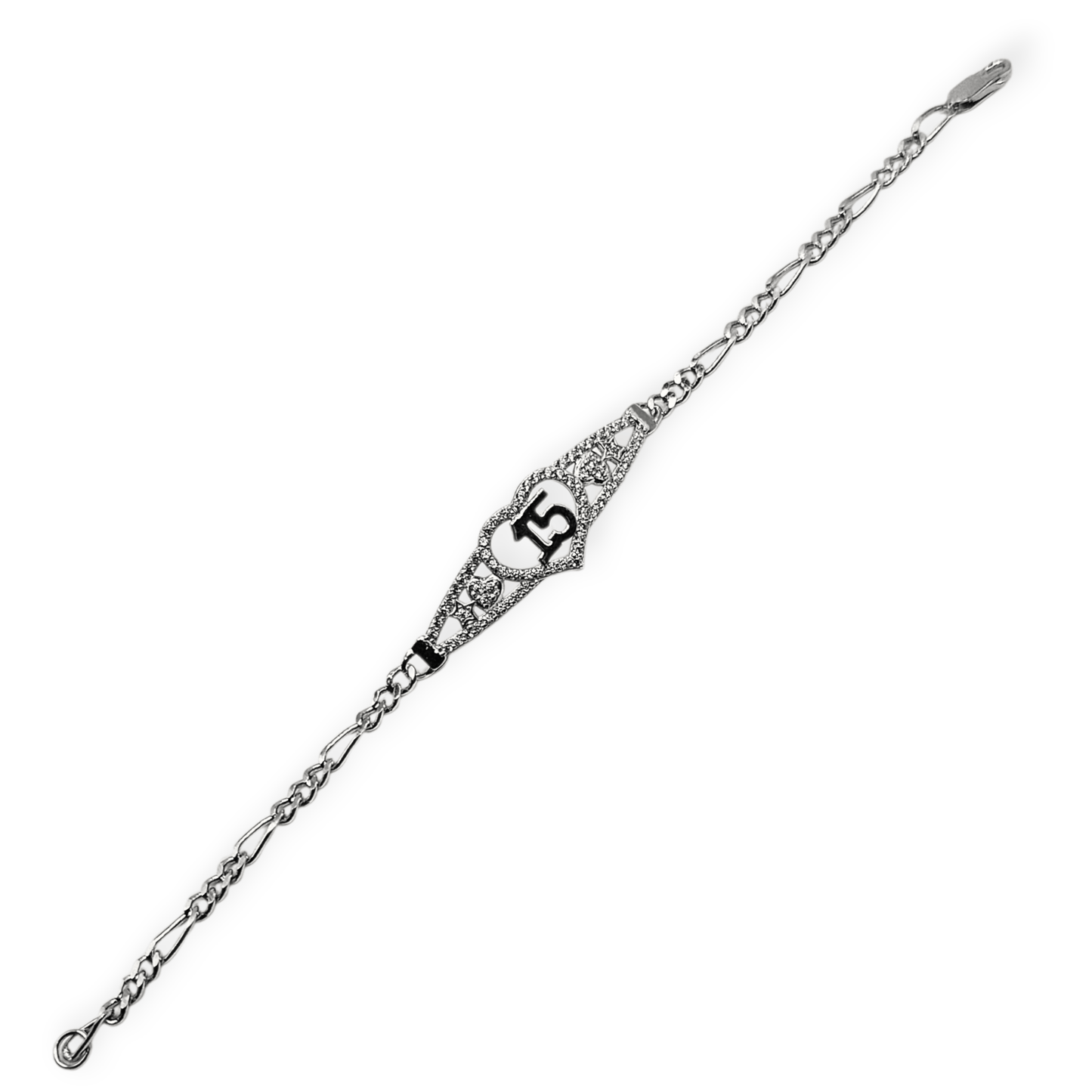 15th Birthday Silver Bracelet Figaro Chain Style Bracelet