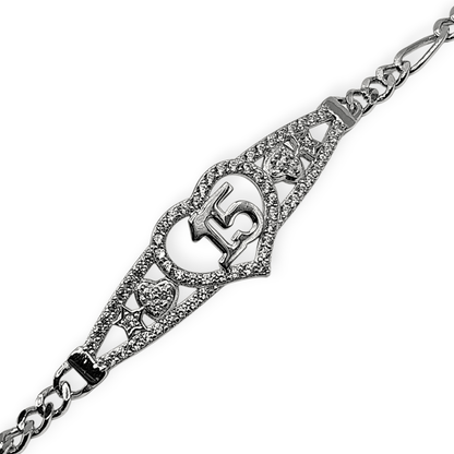 15th Birthday Silver Bracelet Figaro Chain Style Bracelet