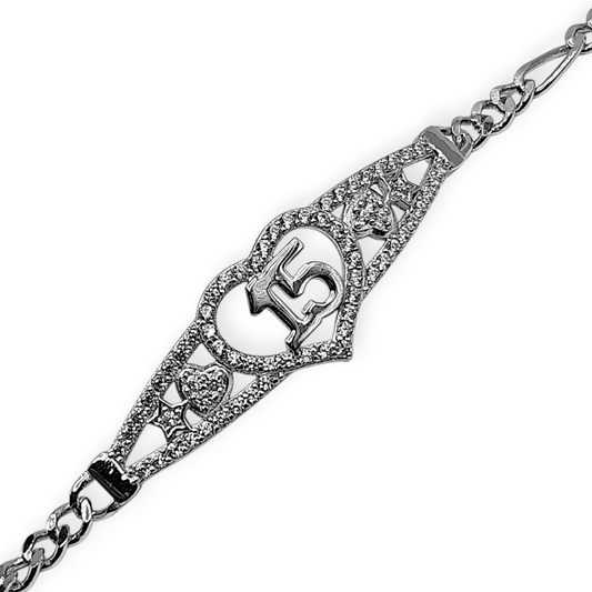 15th Birthday Silver Bracelet Figaro Chain Style Bracelet