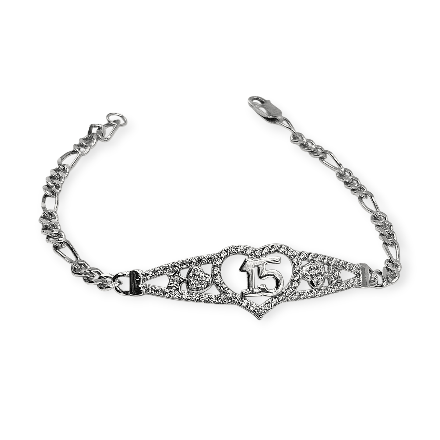 15th Birthday Silver Bracelet Figaro Chain Style Bracelet