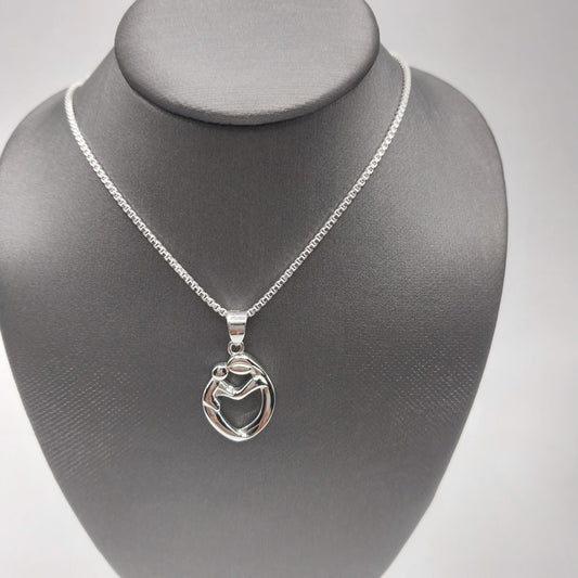 Mother and Child Silver 925 Heart Necklace with Cubic Zirconia and 18" Box Chain