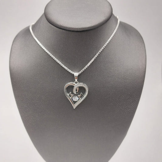 Collar de corazón de plata 925 MOM con circonita cúbica y cadena tipo caja de 45,7 cm