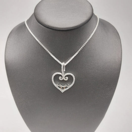 Colgante MOM en forma de corazón de plata 925 con circonita cúbica y cadena tipo caja de 45,7 cm