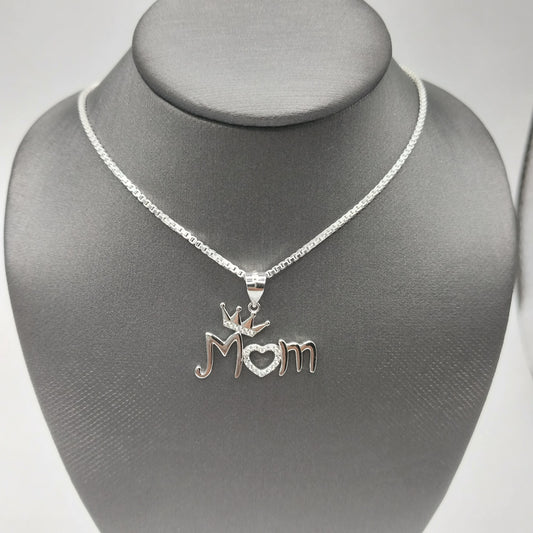 Mom with Crown Necklace with Cubic Zirconia and  18" Box Chain