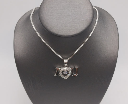 I Love U Silver 925 Heart Necklace with Cubic Zirconia and 18" Box Chain