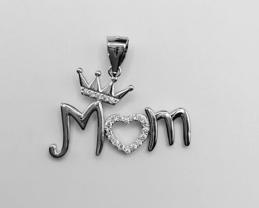 MOM with Crown Silver 925 Heart Pendant with Cubic Zirconia