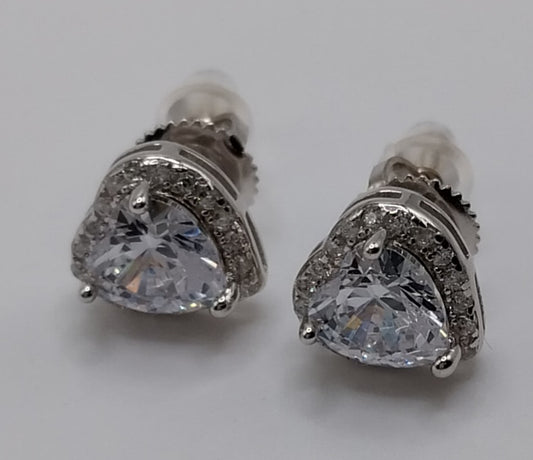 Silver Heart Stud Earrings with White Cubic Zirconia Stone