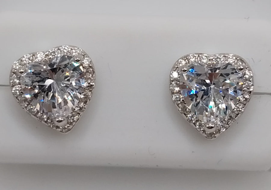 Silver Heart Stud Earrings with White Cubic Zirconia Stone