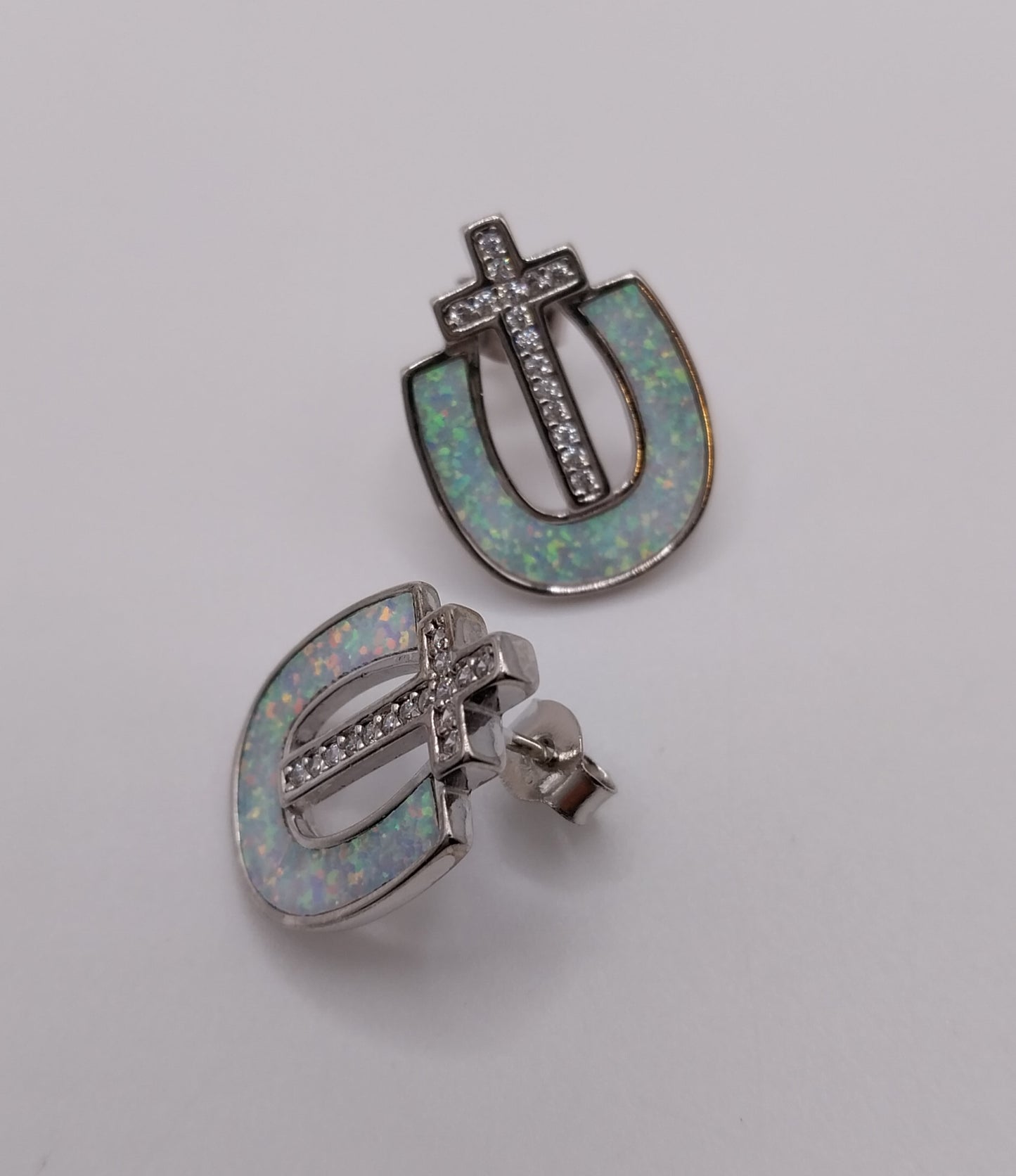 Silver Cross with blue opal stone and CZ Stud Earrings