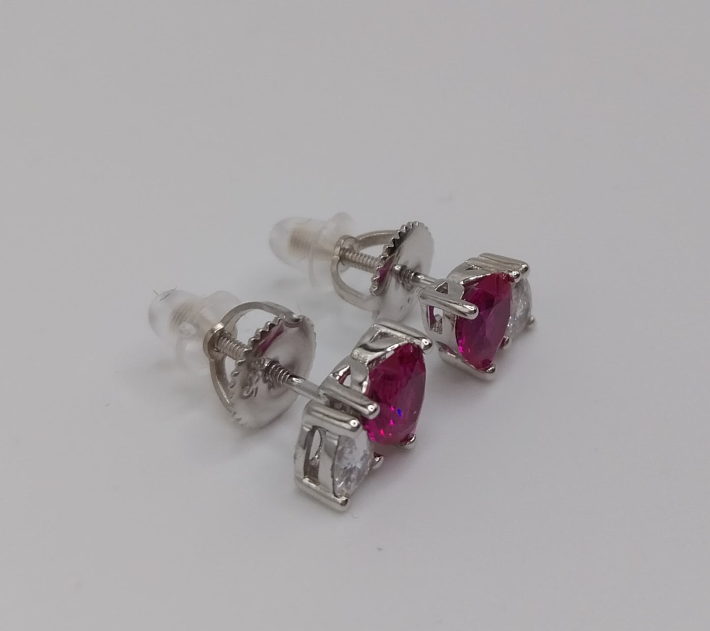 Heart Stud Earrings with Red and White Cubic Zirconia