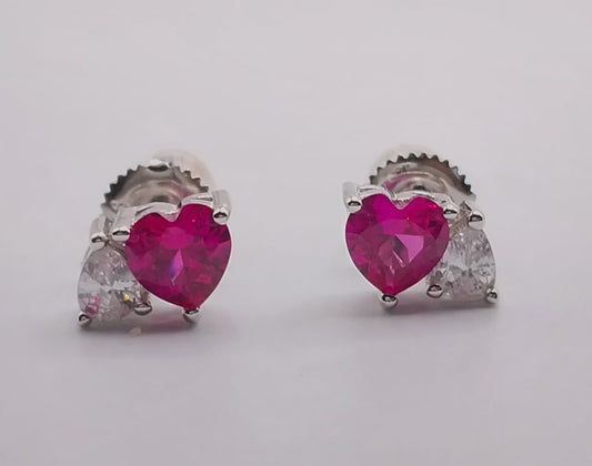 Heart Stud Earrings with Red and White Cubic Zirconia