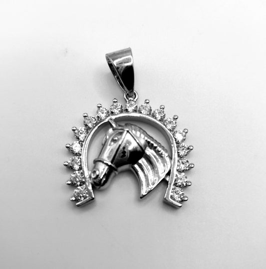 Horseshoe with horse head and Silver 925 and Cubic Zirconia Pendant