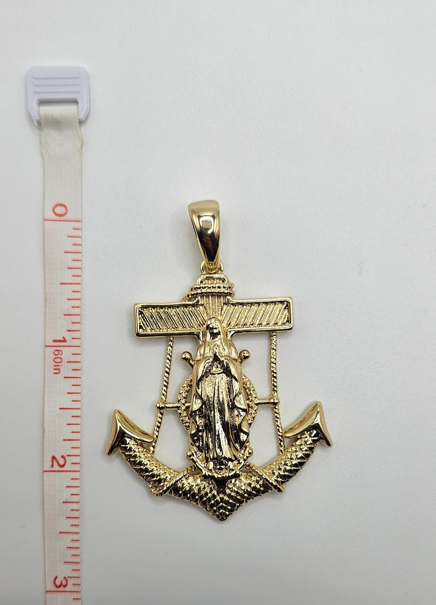 Anchor and Virgen Maria 14k Gold Plated Necklace-Large