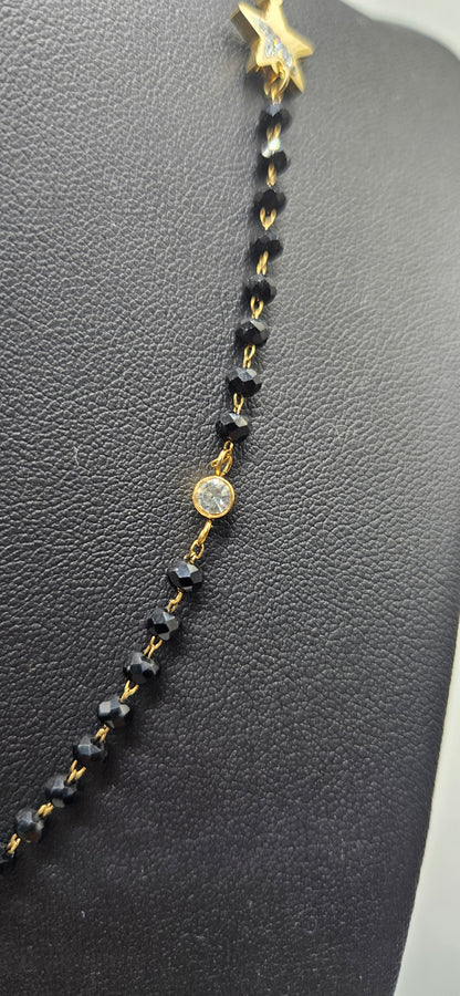 Black Beads Necklace in Stainless Steel 14K Gold Plated