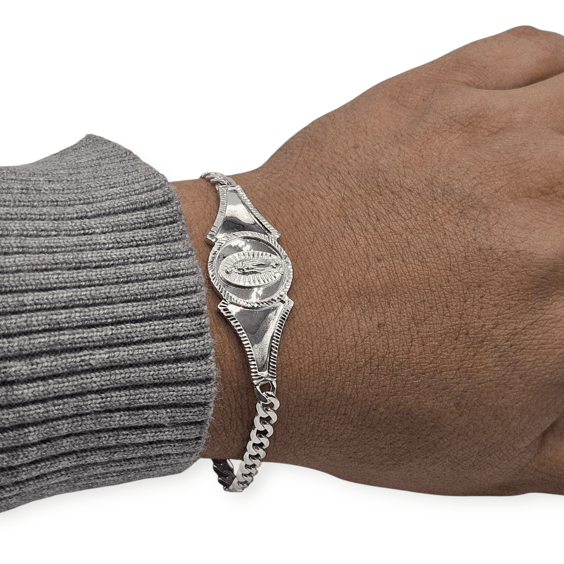 925 Silver Virgen Mary Bracelet 7"L for Women Cuban Style Bracelet